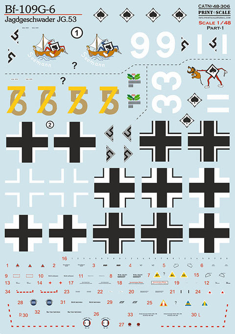 プリントスケール 48-306 1/48 Bf-109 G-6 戦闘航空団 JG.53 Part-1