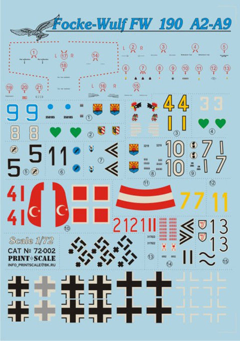 プリントスケール 72-002 1/72 フォッケウルフ 190А2-А9 А コンプリートセット