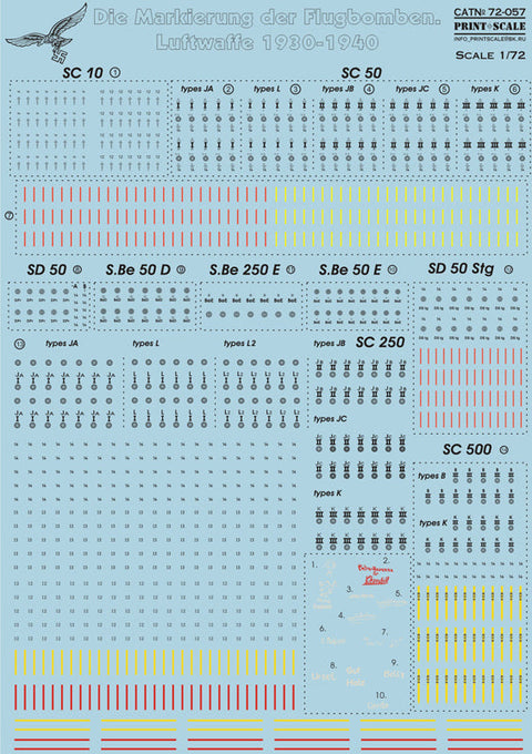 プリントスケール 72-057 1/72 WWII ドイツ空軍 航空爆弾用ステンシル 1930-1940