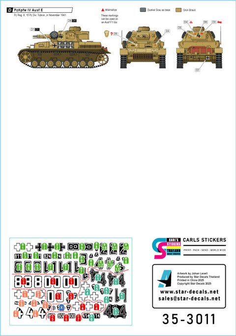 スターデカール 35-3011 1/35 WWII ドイツ 北アフリカ戦線のIV号戦車D型/D/E型/E型 トリポリ/トブルク/リビア1941年