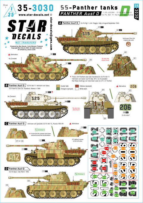 Star Decals 35-3030 1/35 SS-Panthers tanks. Panther Ausf D. 1.SS-LSSAH, 2.SS Das Reich, SS-Pz.Abt. 11 Herman von Salza. 