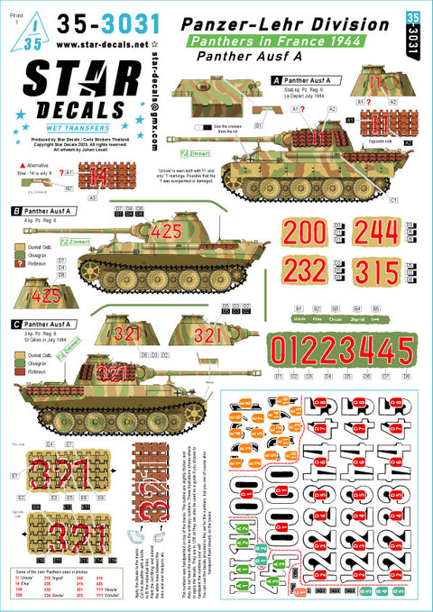Star Decals 35-3031 1/35 Panzer-Lehr Division. Panthers in France 1944. Panzer Reg. 6, Panther Ausf A. 
