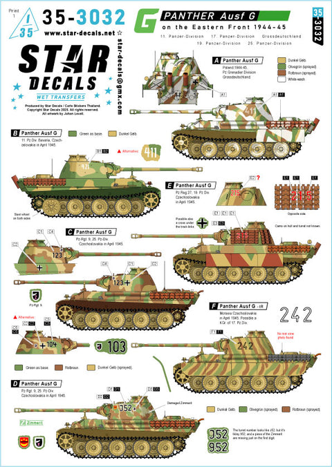 Star Decals 35-3032 1/35 Panthers Ausf G on the Eastern Front 1944-45. 11.Pz.Div, 17.Pz.Div, 19.Pz.Div, 25.Pz.Div. and GD. 