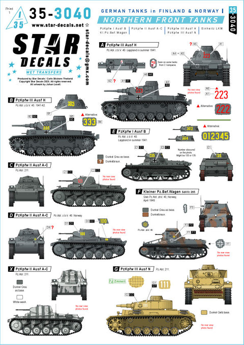 Star Decals 35-3040 1/35 Northern Front Tanks. German tanks in Finland & Norway # 1. Pz I B, Kl.Pz-Bef.Wg I, LKW, Pz II A-C, Pz III H/N. 