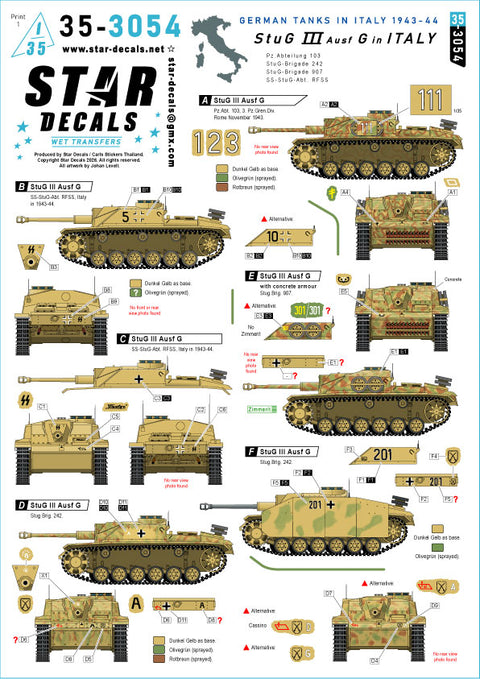 スターデカール 35-3054 1/35 イタリアのIII号突撃砲G型. Panzer Abt. 103, 第242突撃砲旅団, 第907突撃砲旅団, SS-StuG-Abt. RFSS.
