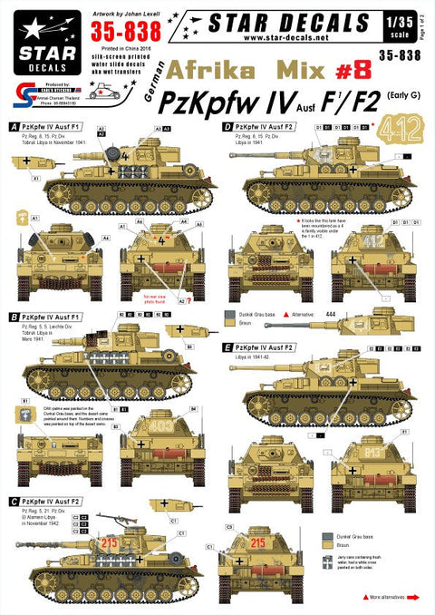 スターデカール 35-838 1/35 ドイツ アフリカ軍団ミックス #8-IV号戦車 F / F2型