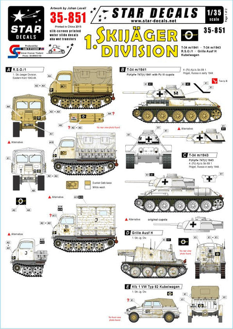 スターデカール 35-851 1/35 ドイツ 第1スキー猟兵師団-RSO,T-34/76 41年型, T-34/76 43年型, グリレH型, キューベルワーゲン