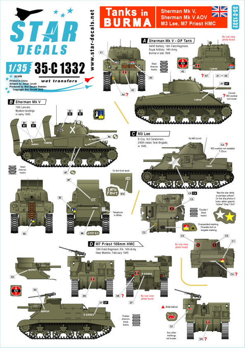 スターデカール 35-C1332 1/35 WWII ビルマ戦線のイギリス戦車 シャーマンMkV シャーマンMkV AOP M3リー M7プリーストHMC