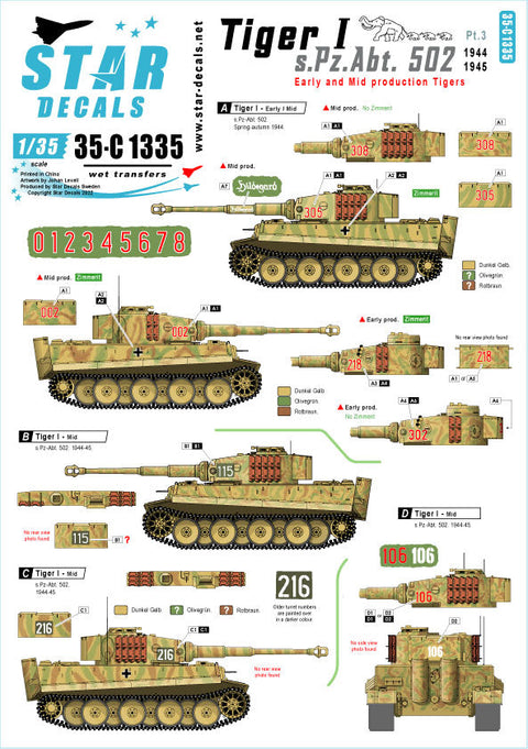 スターデカール 35-C1335 1/35 WWII ドイツ タイガーI 第502重戦車大隊＃3 タイガー初期/中期型 1944-45