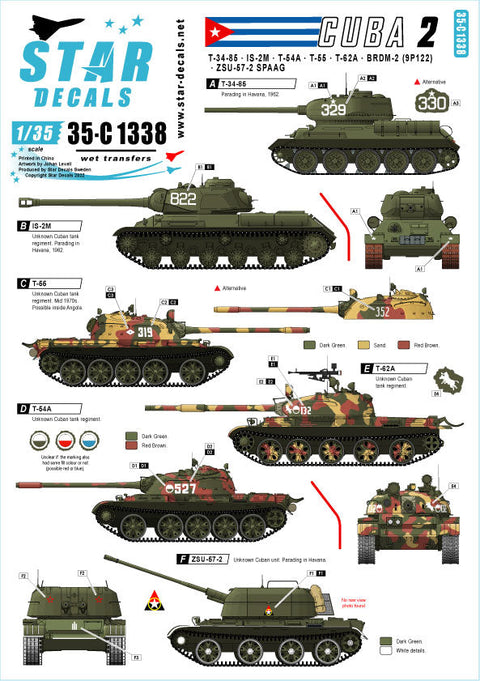 スターデカール 35-C1338 1/35 キューバ軍の戦車とAFV＃2 T-34/85 IS-2M T-54A/55/62A ZSU-57-2 BRDM-2(9P122)