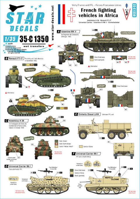 スターデカール 35-C1350 1/35 アフリカにおけるフランスの戦闘車両(オッチキス H 39、ルノー FT-17、ユニバーサル キャリア、バレンタイン III Mk V)