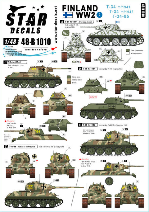 スターデカール 48-B1010 1/48 フィンランド WWII # 2. T-34 m/41, T-34 m/43 ＆ T-34-85