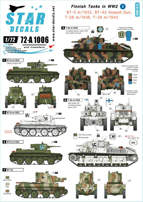 スターデカール 72-A1006 1/72 フィンランド戦車 #2 デカール T-28,BT-5,BT-42,JSU-152,T37/T38