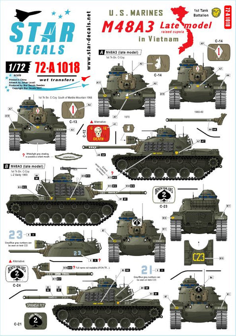 スターデカール 72-A1018 1/72 アメリカ海兵隊のM48A3後期型 ベトナム戦 第1戦車大隊