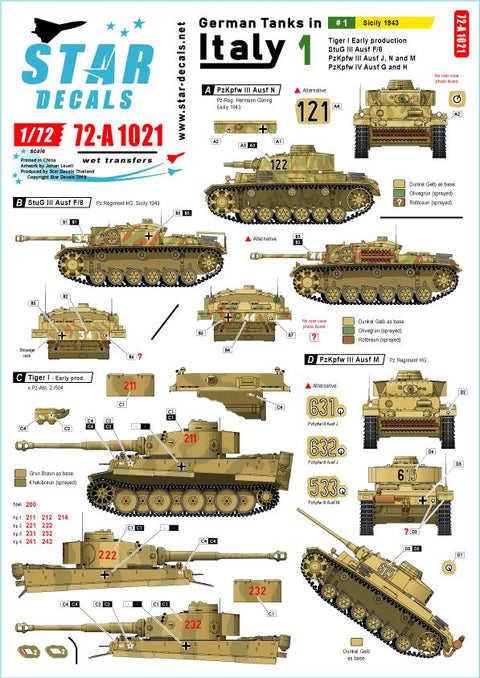 スターデカール 72-A1021 1/72 イタリア戦線のドイツ戦車＃1 シチリア島編1943年 タイガーI極初期型 III号突撃F/8型 III号戦車J/N/M 型IV号G/H型