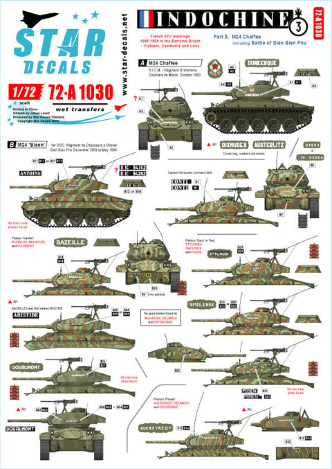 スターデカール 72-A1030 1/72 インドシナ紛争 ＃3 M24チャーフィー /バイソン ディエンビエンフーの1次 R.C.C，R.I.C.M. ＆他ユニット