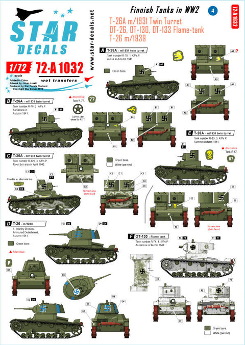 スターデカール 72-A1032 1/72 フィンランド戦車＃4 T-26 m/31 ツインターレット, T-26 m/39, OT- 26, OT-130 and OT-133.