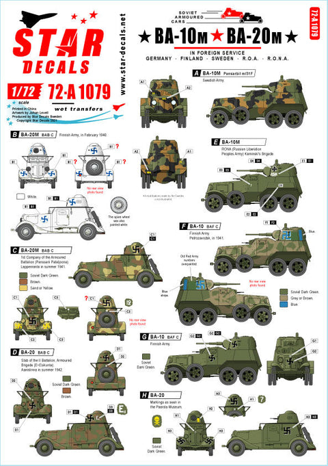 スターデカール 72-A1079 1/72 他国軍で運用されたBA-10M ＆ BA-20M装甲車. ドイツ,スウェーデン, フィンランド, ROA, RONA.
