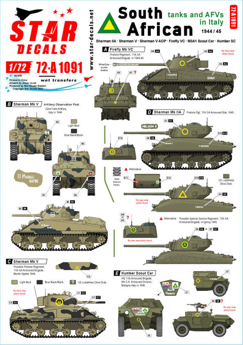 スターデカール 72-A1091 1/72 イタリアの南アフリカ陸軍戦車AFV シャーマンMkIIA ファイアフライVC シャーマンMkV AOP M3A1スカウトカー ハンバーSC