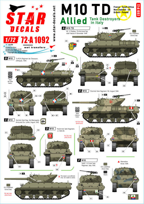 スターデカール 72-A1092 1/72 イタリアの連合軍駆逐戦車 M10駆逐戦車 M10アキリーズ フランス/南アフリカ/ニュージーランド/アメリカ/イギリス/ポーランド