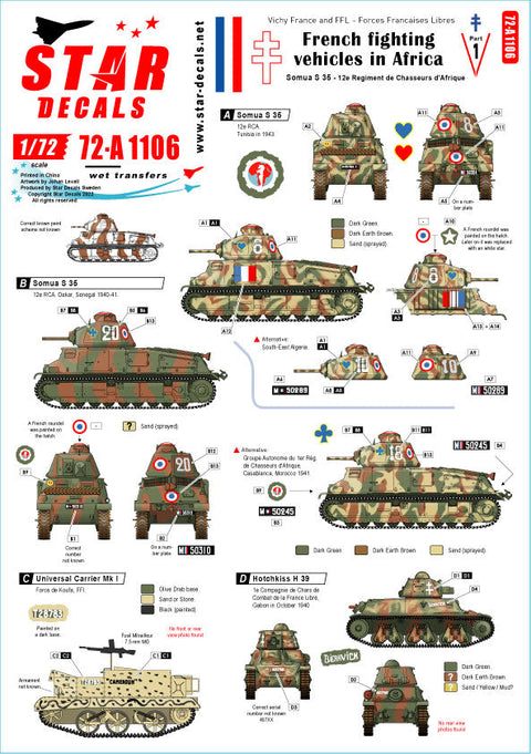 スターデカール 72-A1106 1/72 アフリカにおけるフランスの戦闘車両(ソミュア S 35、ユニバーサル キャリア、ホチキス H39、ルノー FT-17)