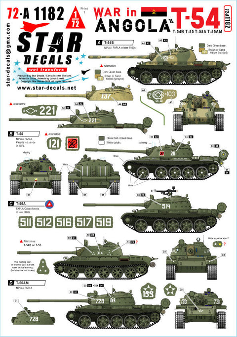 スターデカール 72-A1182 1/72 現用 アンゴラ内戦＃2 MPLA/FAPLAのT-54B/T-55/T-55A/T-55AM戦車 1970-80年代