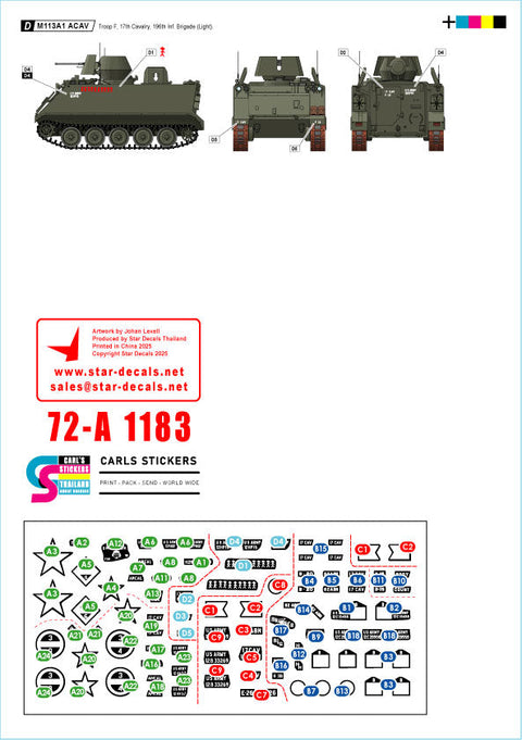 スターデカール 72-A1183 1/72 現用 ベトナム戦争のM113＃1 第17騎兵連隊のM113A1 ACAV B/E/F/H中隊