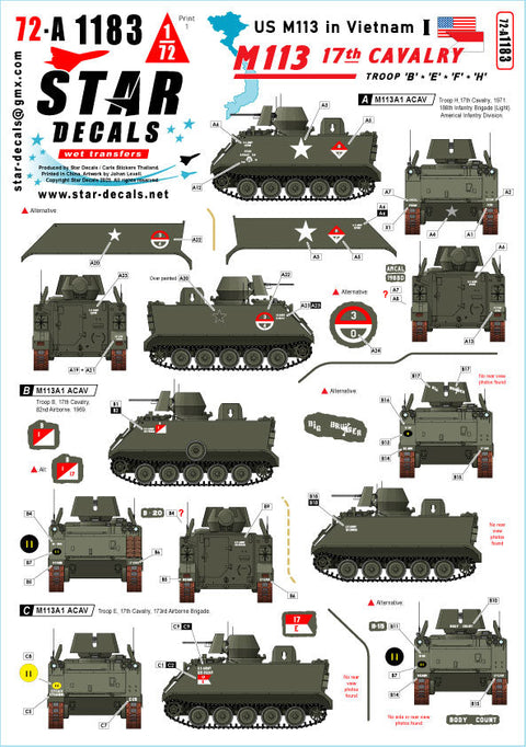 スターデカール 72-A1183 1/72 現用 ベトナム戦争のM113＃1 第17騎兵連隊のM113A1 ACAV B/E/F/H中隊
