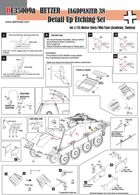 DEFモデル DE35009A 1/35 ヘッツァー 初期/中期/後期型用 エッチングパーツセット(タミヤ/アカデミー用)