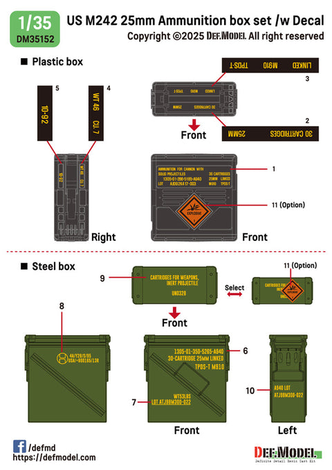 DEFモデル DM35152 1/35 アメリカ M242 ブッシュマスター 弾薬箱セット (10個,デカール付き)