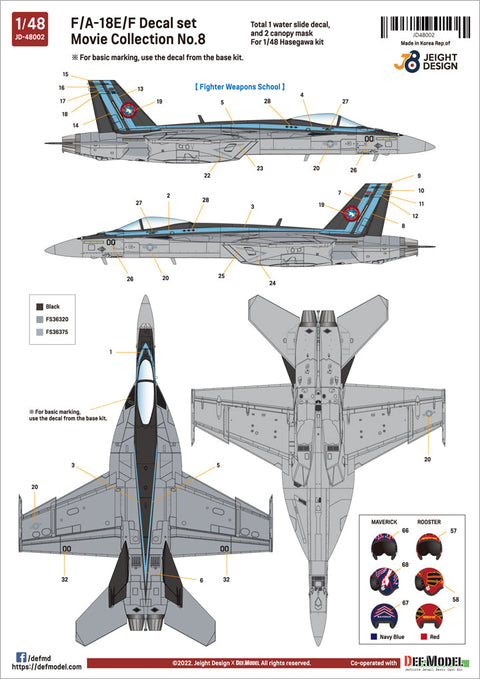 DEFモデル JD48002 1/48 F/A-18E/F スーパーホーネット デカールセット - ムービーコレクション No.8 (ハセガワ用)