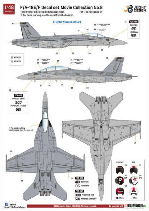 DEFモデル JD48002 1/48 F/A-18E/F スーパーホーネット デカールセット - ムービーコレクション No.8 (ハセガワ用)