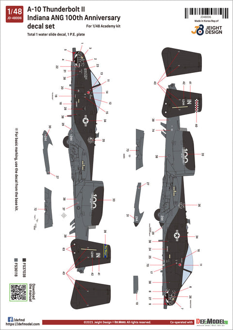 DEFモデル JD48006 1/48 USAF A-10C デカールセット ‘インディアナANG 100周年記念’ (アカデミー用)