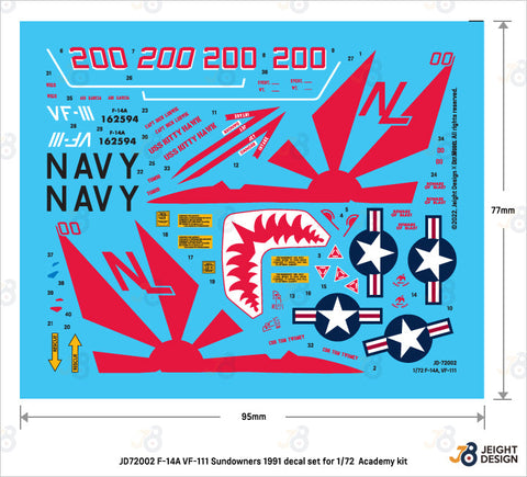 DEFモデル JD72002 1/72 F-14A VF-111 サンダウナーズ 1991 デカールセット(アカデミー用)