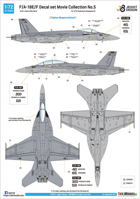 DEFモデル JD72006 1/72 F/A-18E/F デカールセットムービーコレクション No.5(アカデミー/ ハセガワ 1/72用)