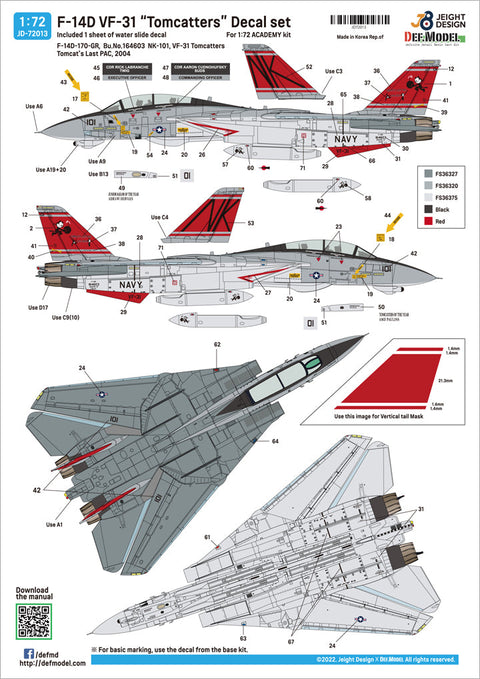 DEFモデル JD72013 1/72 F-14D VF-31 トムキャッターズ デカールセット(アカデミー用)