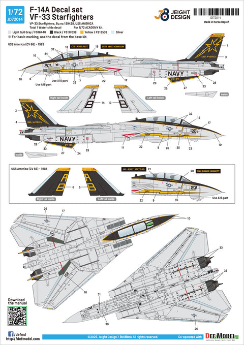 DEFモデル JD72014 1/72 F-14A VF-33 デカールセット(アカデミー用)