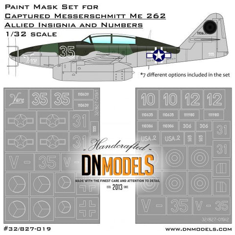 DNモデル 32/827-019 1/32 鹵獲されたメッサーシュミット Me-262B 連合軍記章と番号のペイントマスク(トランペッター 02237, レベル 04495用)