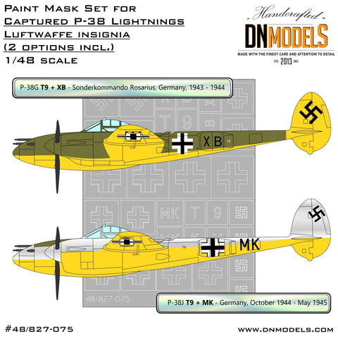 DNモデル 48/827-075 1/48 鹵獲されたP-38ライトニング - ドイツ空軍記章ペイントマスクセット(全キット用)