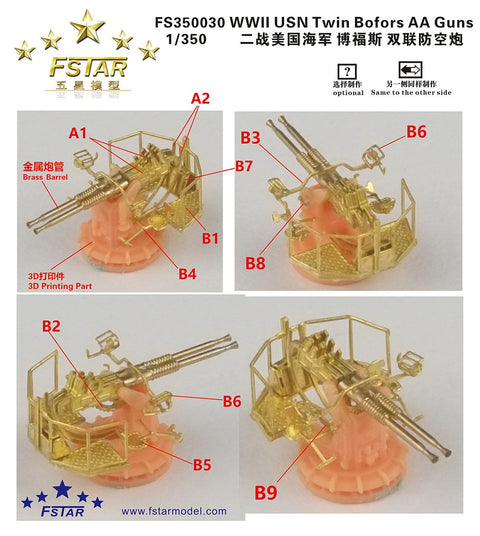 ファイブスターモデル FS350030 1/350 WWIIアメリカ海軍 ボフォース連装対空砲（4台セット）3Dプリント＋真鍮砲身