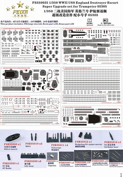 ファイブスターモデル FS350035 1/350 バックリー級駆逐艦 イングランド用 スーパーアップグレードセット(トランぺッター05305用)