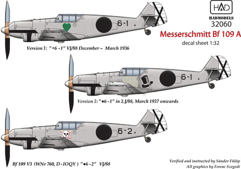 HADモデル 32060 1/32 メッサーシュミット Bf 109 A デカールシート