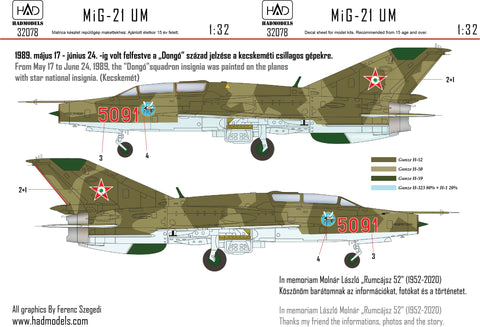 HADモデル 32078 1/32 MiG-21 UM 5091 「ドンゴ」飛行隊、スター国章デカール シート付き