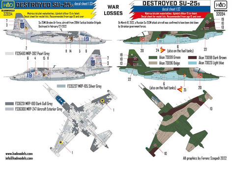 HADモデル 32094 1/32 戦争の損失 - ウクライナとロシアの破壊されたSU-25のデカールシート
