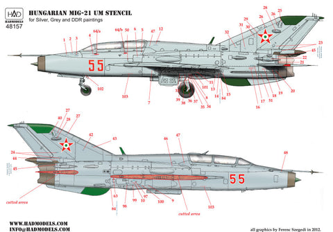 HADモデル 48157 1/48 MiG-21 UM HUnAF DDR用ステンシルとシルバー塗装デカールシート