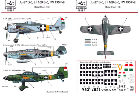 HADモデル 48187 1/48 FW 190 F-8 Bf 109 G-6 Ju-87 D-5 (V8+31、B6+31 ?vi、W+526) デカール シート