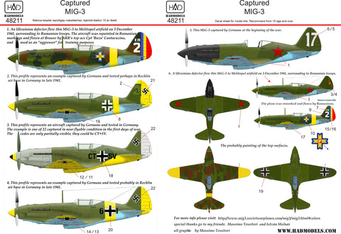 HADモデル 48211 1/48 鹵獲されたMiG-3のデカールシート