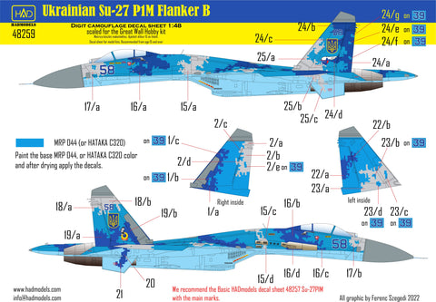 HADモデル 48259 1/48 ウクライナ Su-27 P1M フランカー B 数字迷彩デカール  再版 2024