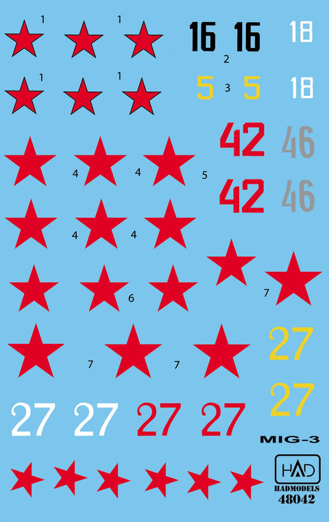 HADモデル 72042 1/72 MiG-3（シルバー46、ホワイト18、ブラック16、レッド42、レッド27）デカールシート