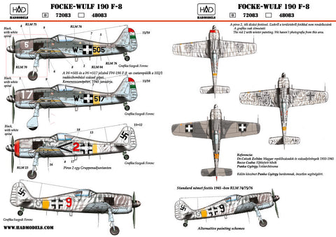 HADモデル 72083 1/72 FW-190 F-8 赤 2; 9; W-517; w505 デカールシート / マトリカ